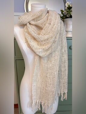 Textured Open Weave Slub Yarn Scarf/Runner in Warm Off-White 24” by 80” w Fringe